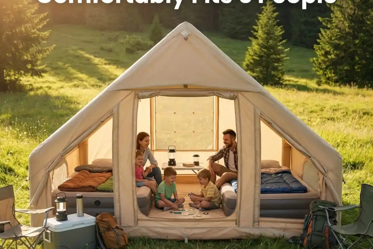 Family of five relaxing inside a large inflatable camping tent on a sunny day outdoors