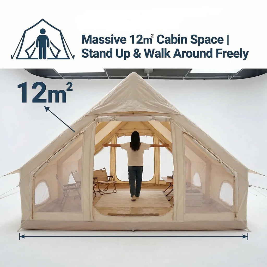 12m² Inflatable Cabin Tent for 6-8 Person, Stand-Up Height, Easy Setup Family Glamping Air Tent